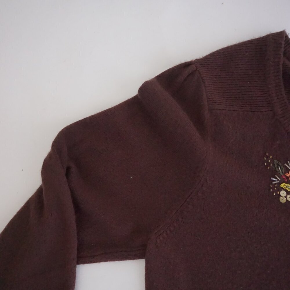 VTG Sag Harbor Brown Floral Embroidered Sequin Ribbon Button Knit Cardigan L - Picture 7 of 12
